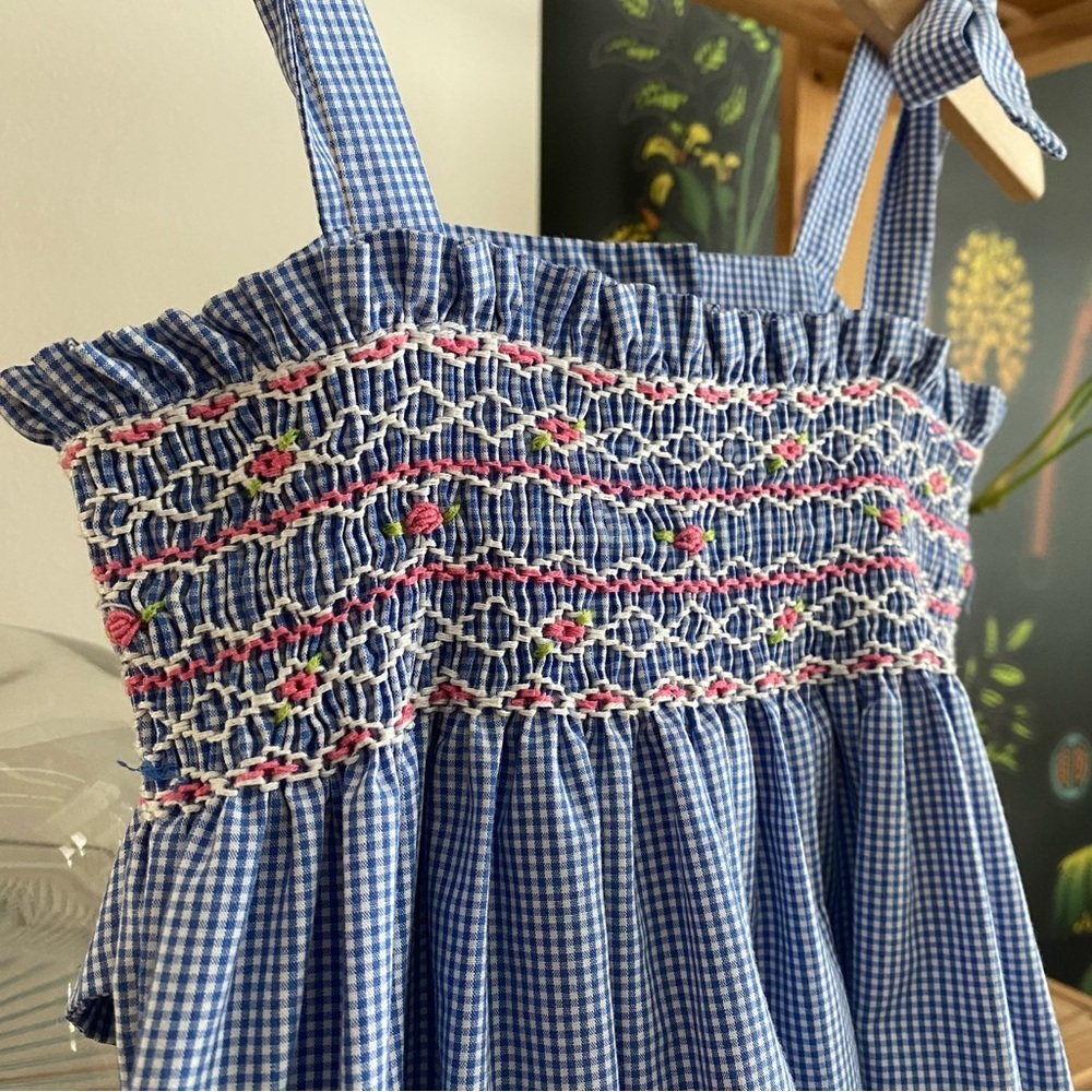 Anavini Blue White Gingham Plaid Smocked Tie Shoulder Dress 2t - Picture 6 of 12